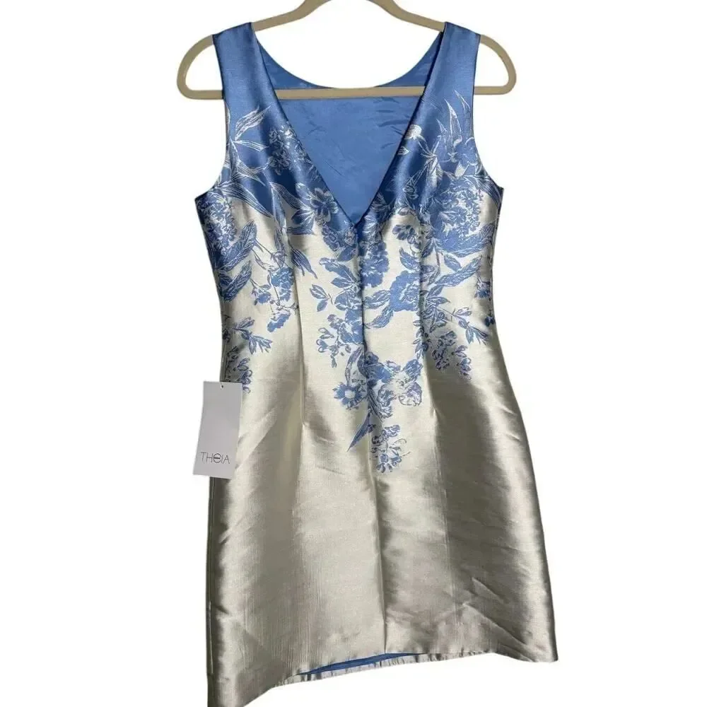 NWT Theia White Blue Floral Cocktail Dress Women's Sz. 8